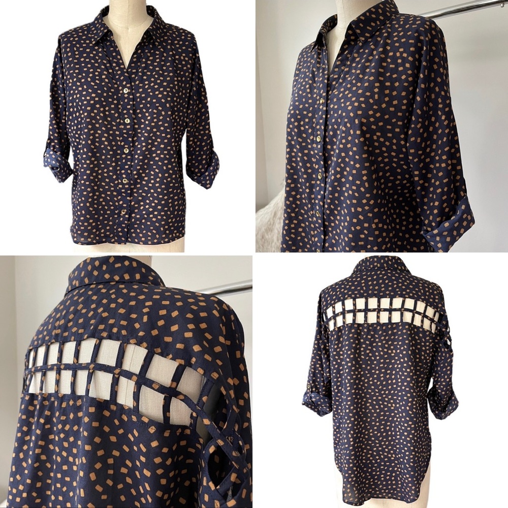 Blu Pepper Collar Button Down High Low Shirt w/ Back Cut Outs Navy and Gold SZ S